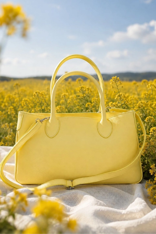 Żółta shopperka ze skóry naturalnej z uchwytami i paskiem