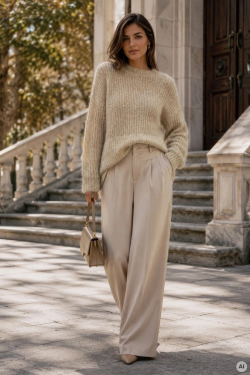 Elegancki sweter ciemny beż damski o kroju oversize z dekoracyjnym ombre i cekinowym zdobieniem Tovalessa