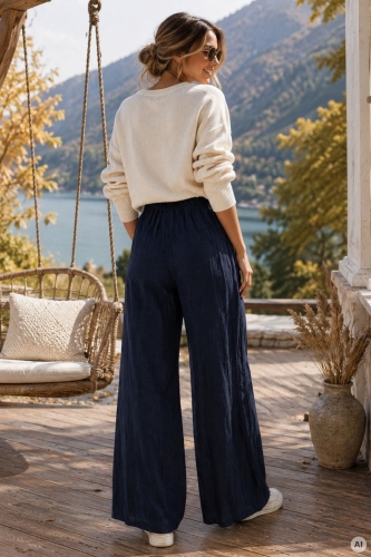 Spodnie damskie Mivorelia granatowe z naturalnego lnu 100% o fasonie wide leg
