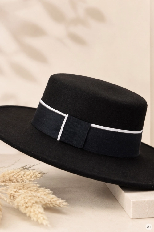 Czarny kapelusz damski z szerokim rondem i elegancką tasiemką Vilademiresa