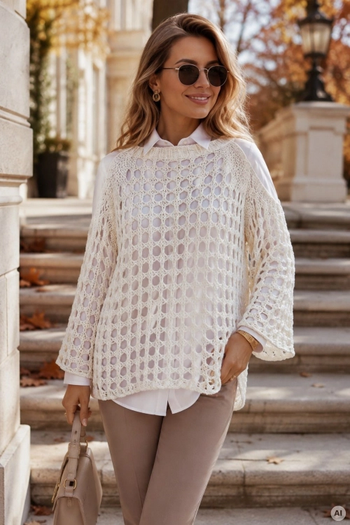Modna biała narzutka ażurowa boho z szerokim krojem oversize i odkrytymi ramionami Noverizza