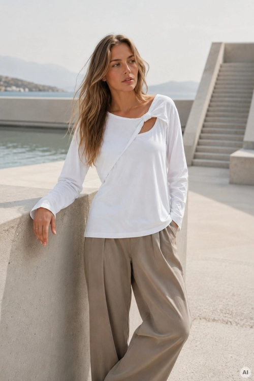 Biała tunika damska plus size z zakładką i długim rękawem Bilbao
