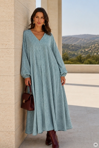 Modna sukienka maxi w kratę miętowa oversize z lekkiej bawełny i kobiecym krojem Carenziva