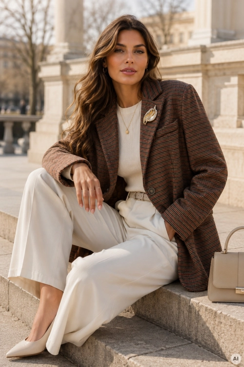 Elegancka marynarka camelowa damska w kratkę z luźnym fasonem oversize Tavorelia