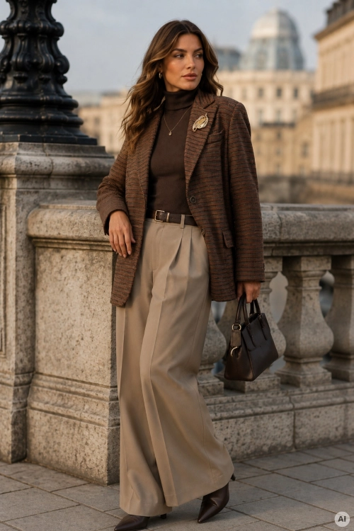 Modna marynarka w kratkę camelowa oversize jednorzędowa o eleganckim kroju Tavorelia