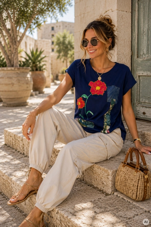 T-shirt Vendrella granatowy z czerwonymi kwiatami i naszywkami