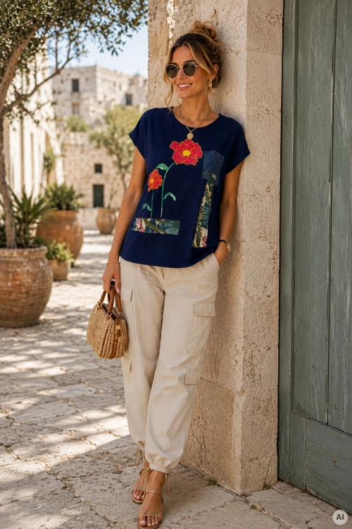 Granatowy t-shirt z czerwonymi kwiatami i aplikacjami Vendrella
