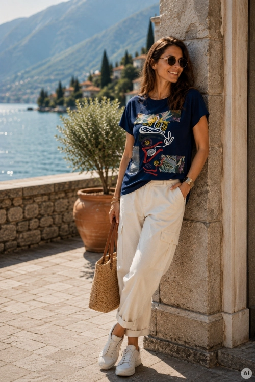 Granatowy t-shirt z kolorowym nadrukiem i ozdobnymi naszywkami Colmenara