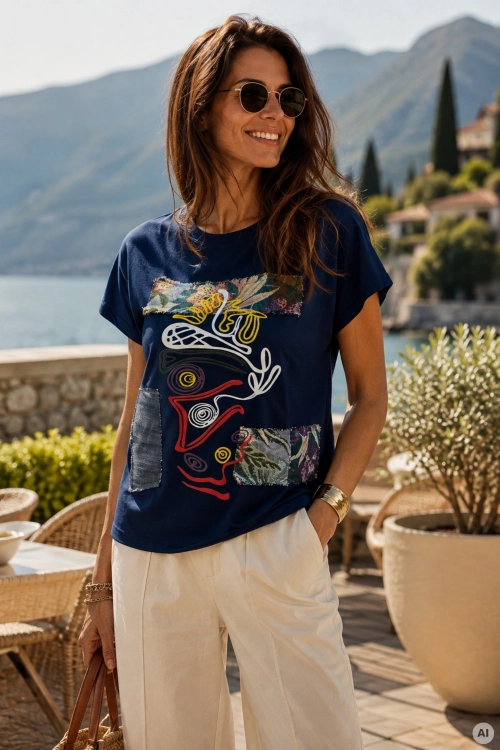 Bawełniany t-shirt granatowy z kolorowym printem i naszywkami