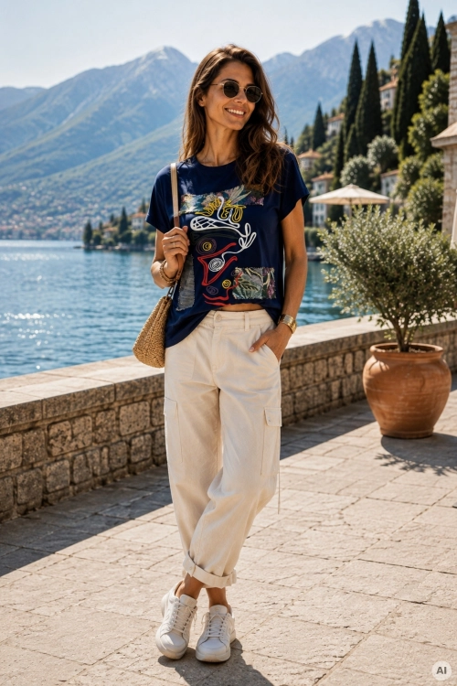 T-shirt Colmenara granatowy z nadrukiem i materiałowymi aplikacjami