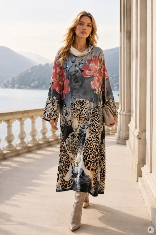 Grafitowa sukienka damska midi w zwierzęcy print i kwiatowy wzór oversize Mirevonza