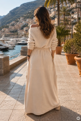 Beżowa spódnica damska maxi o luźnym kroju loose fit z denimowymi detalami Dorevanta