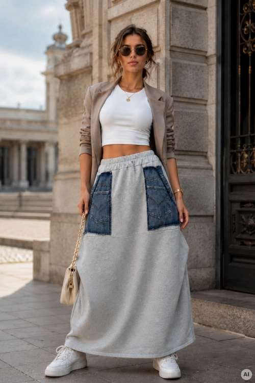 Spódnica damska maxi szara loose fit z jeansowymi wstawkami i zakładkami Dorevanta