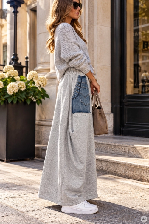 Spódnica damska Dorevanta szara maxi loose fit z kontrastowymi jeansowymi elementami