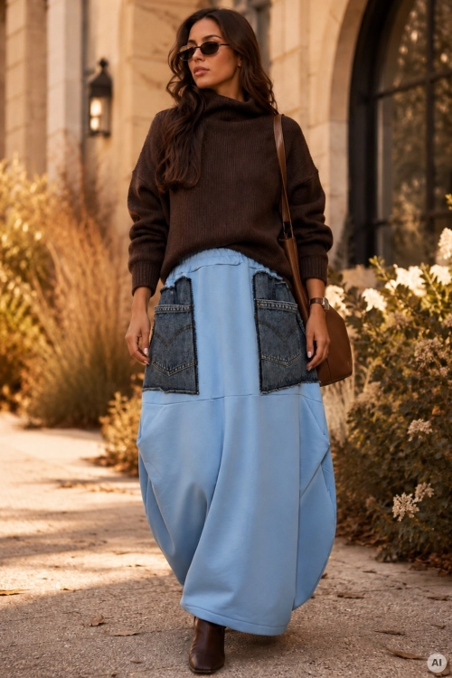 Spódnica damska Dorevanta błękitna maxi loose fit z kontrastowymi jeansowymi elementami