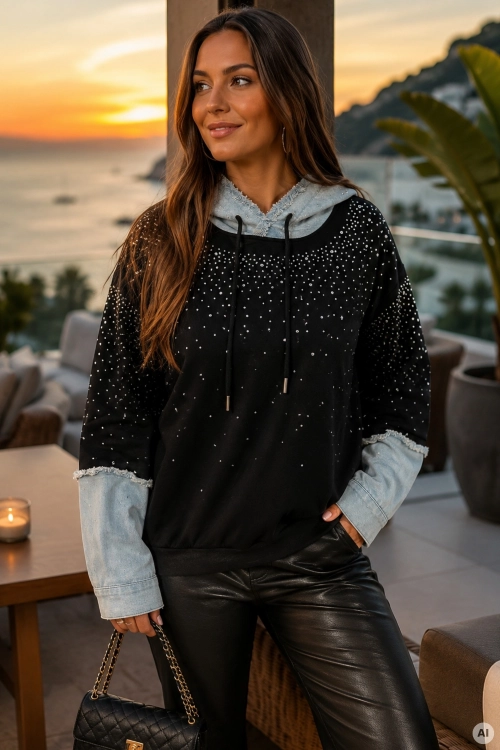 czarna bluza z ozdobnymi kamyczkami i jeansowymi detalami casual