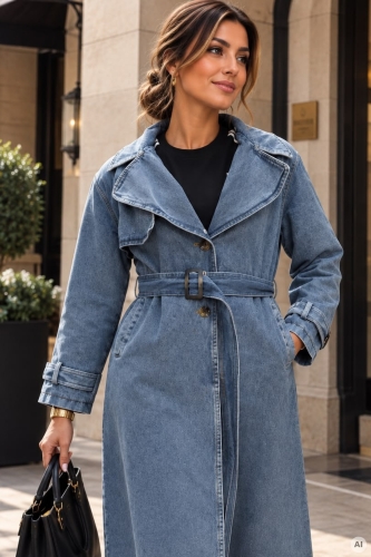Jeansowy trencz oversize denim blue Sobrarbe z paskiem i kołnierzem