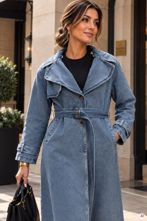 Jeansowy trencz oversize denim blue Sobrarbe z paskiem i kołnierzem