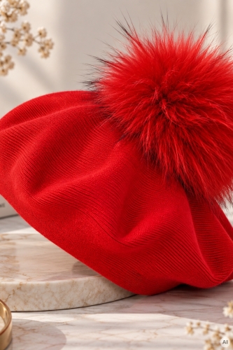 Czerwony beret damski z ozdobnym futrzanym pomponem i eleganckim fasonem Arteixo