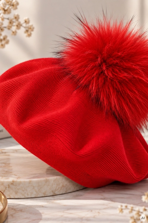 Czerwony beret damski z ozdobnym futrzanym pomponem i eleganckim fasonem Arteixo