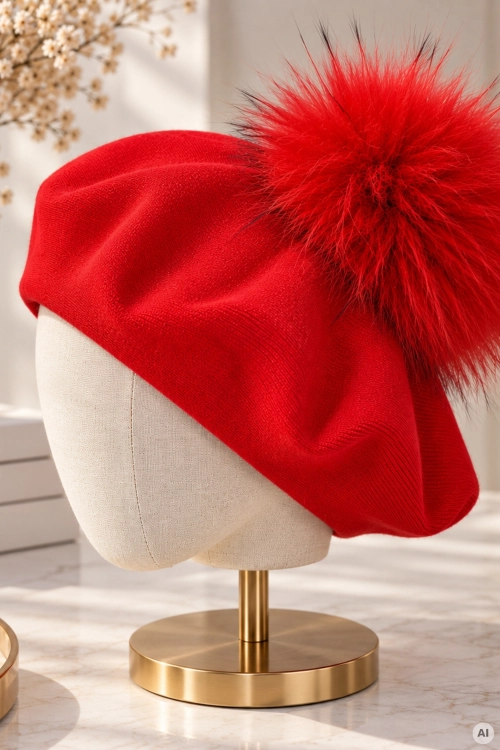 Modny beret czerwony z odpinanym futrzanym pomponem idealny na chłodniejsze dni Arteixo