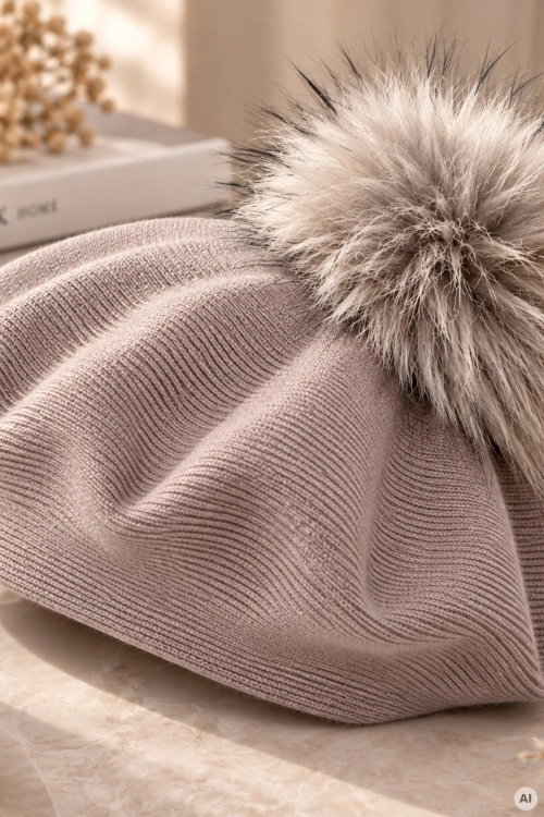 Elegancki beret fango damski z odpinanym pomponem z futerka Arteixo