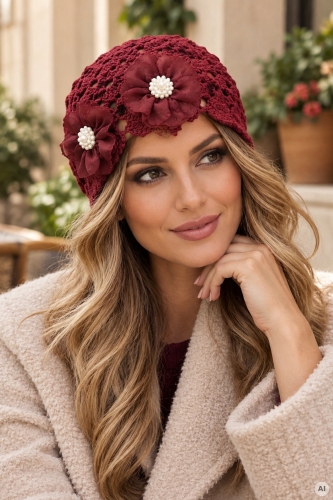 Czapka damska beanie bordowa ażurowa z kwiatami 3D Viveiro