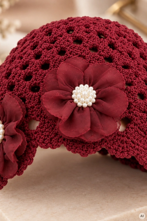 Elegancka czapka beanie bordowa z dekoracyjnymi kwiatami 3D i kobiecym wykończeniem Viveiro