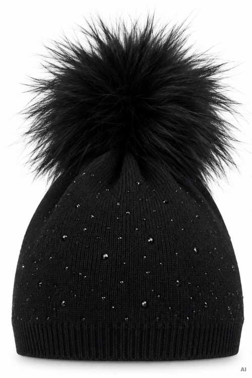 Modna czapka beanie czarna z kaszmirem dekoracyjnymi cyrkoniami i efektownym pomponem Getxo