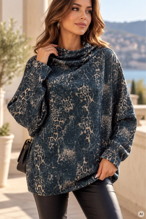 Bluzka damska Jumilla granatowa z printem panterki dekoltem woda i modnym rękawem kimono