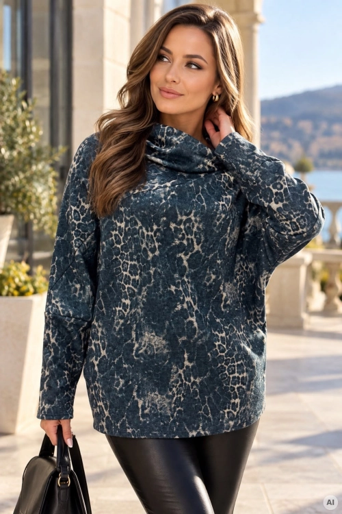 Modna bluzka granatowa w panterkę z efektownym dekoltem woda i krótkim rękawem kimono Jumilla