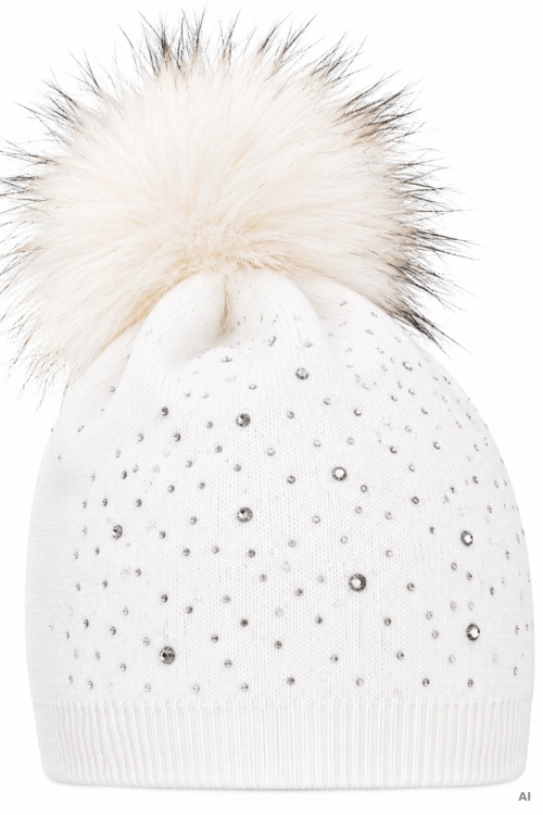 Modna czapka beanie śmietankowa z kaszmirem dekoracyjnymi cyrkoniami i efektownym pomponem Getxo
