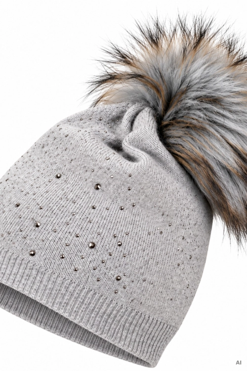 Modna czapka beanie szara z kaszmirem dekoracyjnymi cyrkoniami i efektownym pomponem Getxo