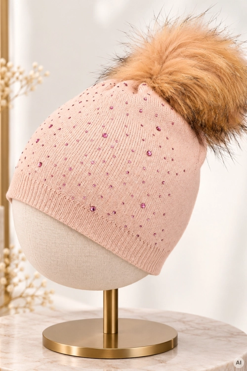 Modna czapka beanie pudrowy róż z kaszmirem dekoracyjnymi cyrkoniami i efektownym pomponem Getxo