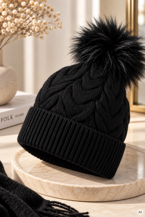 Modna czapka beanie czarna z warkoczowym splotem i efektownym pomponem Pampaneira