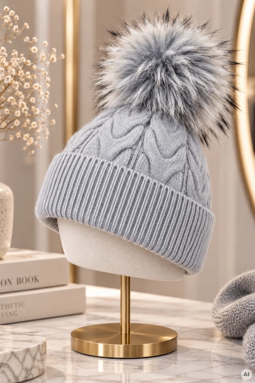 Elegancka czapka szara damska z grubym splotem warkoczowym i futerkowym pomponem Pampaneira