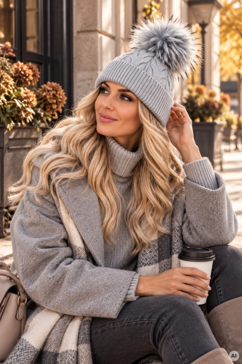 Modna czapka beanie szara z warkoczowym splotem i efektownym pomponem Pampaneira