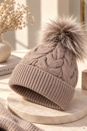 Czapka beanie fango damska z ozdobnym warkoczowym splotem i miękkim pomponem Pampaneira