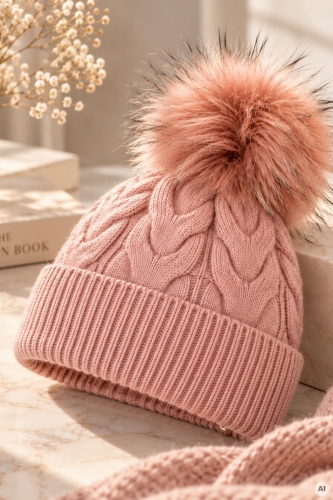 Czapka beanie pudrowy róż damska z ozdobnym warkoczowym splotem i miękkim pomponem Pampaneira