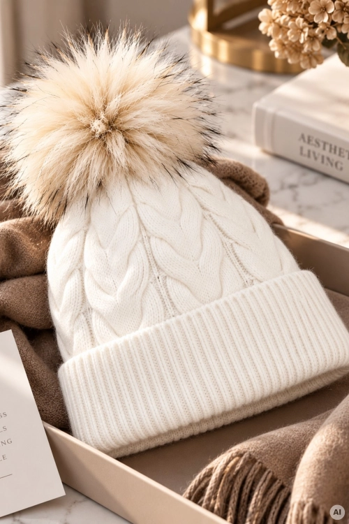 Czapka beanie śmietankowa damska z ozdobnym warkoczowym splotem i miękkim pomponem Pampaneira