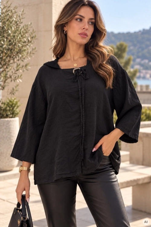 czarna bluzka boho oversize z lnu z ażurowym detalem