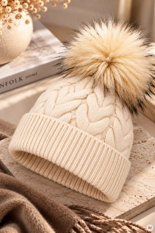 Czapka beanie beżowa damska z ozdobnym warkoczowym splotem i miękkim pomponem Pampaneira