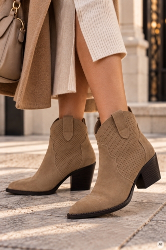 Botki damskie kowbojki fango zamszowe na obcasie Mequinenza