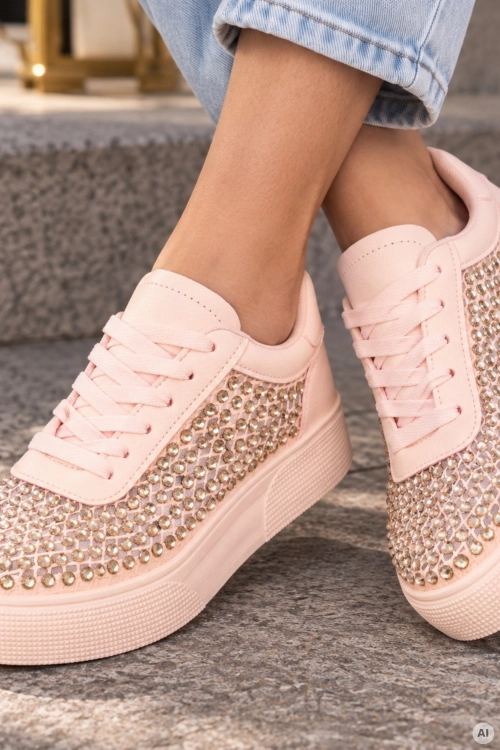 Sneakersy damskie pudrowo różowe z dużymi cyrkoniami sznurowane na grubej podeszwie Teravola