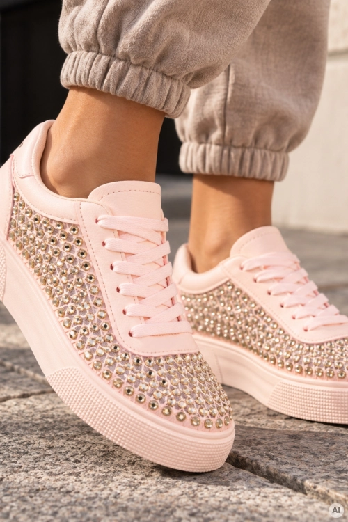 Sneakersy damskie Teravola pudrowo różowe z dużymi cyrkoniami i modnym sznurowaniem