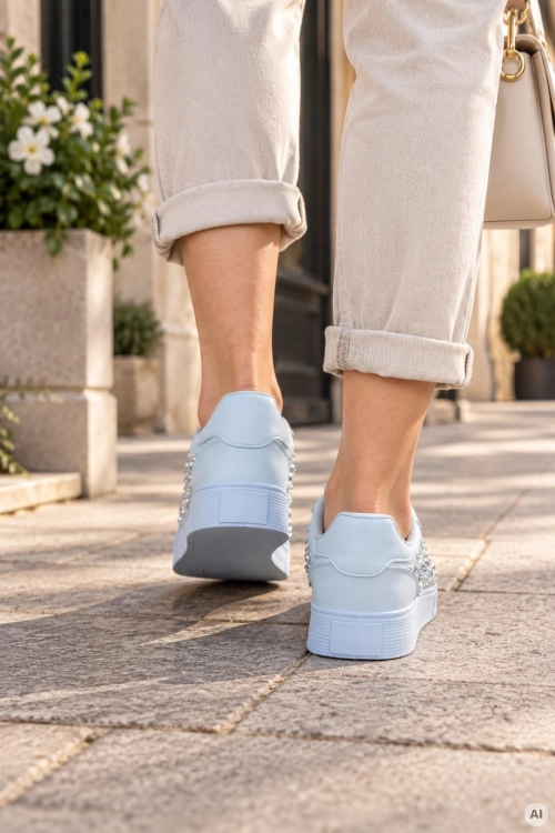 Eleganckie sneakersy błękitne damskie z dużymi cyrkoniami i grubą podeszwą Teravola