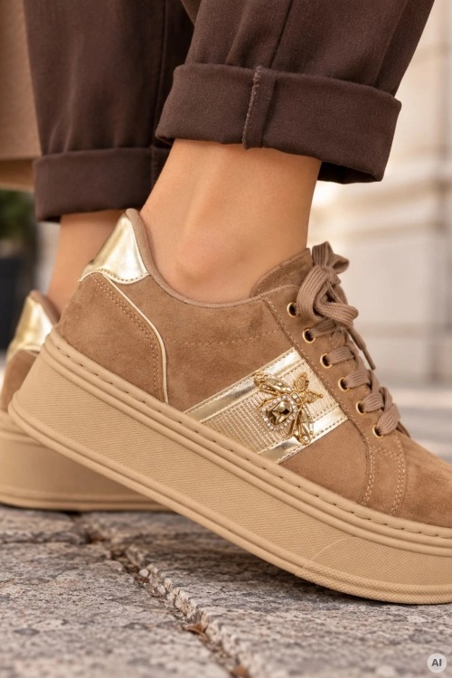 Sneakersy damskie fango zamszowe na platformie ze złotą pszczołą Briviesca