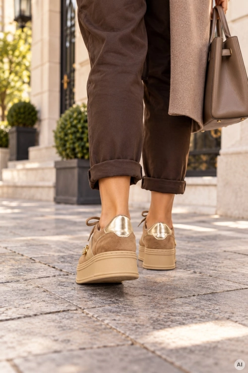 Eleganckie sneakersy fango damskie zamszowe na platformie z biżuteryjnym detalem złotej pszczoły Briviesca