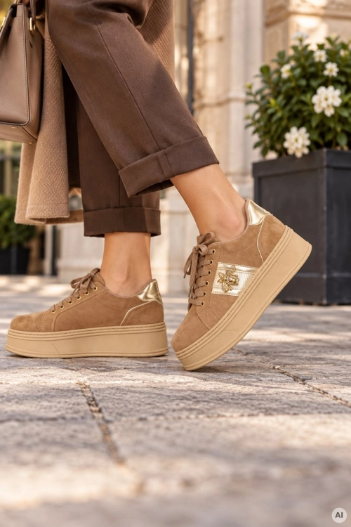 Sneakersy damskie Briviesca fango z miękkiej zamszowej cholewki na platformie ze złotą ozdobą
