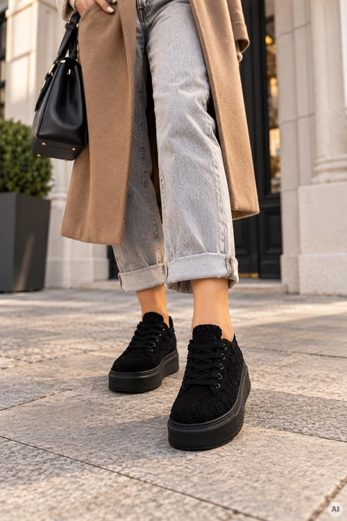 Sneakersy damskie Cambados czarne z ozdobną ażurową strukturą i modną platformą